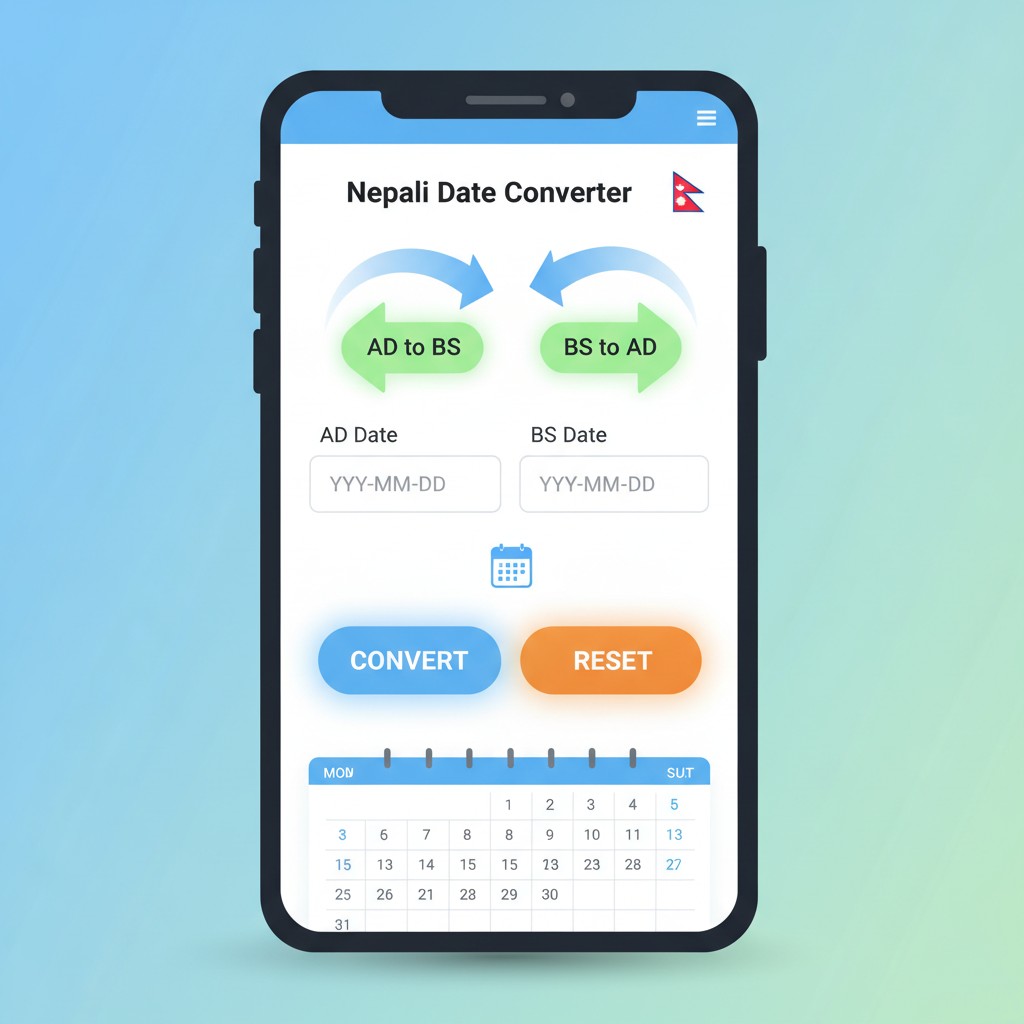 Illustration of a Nepali Date Converter tool showing AD to BS and BS to AD conversion with calendar and Nepal flag.