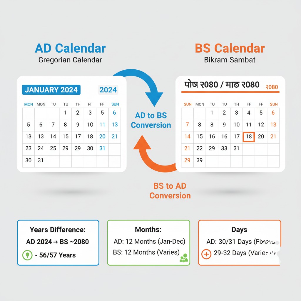 Graphic showing AD and BS calendars side by side with conversion arrows to explain Nepali date converter.
