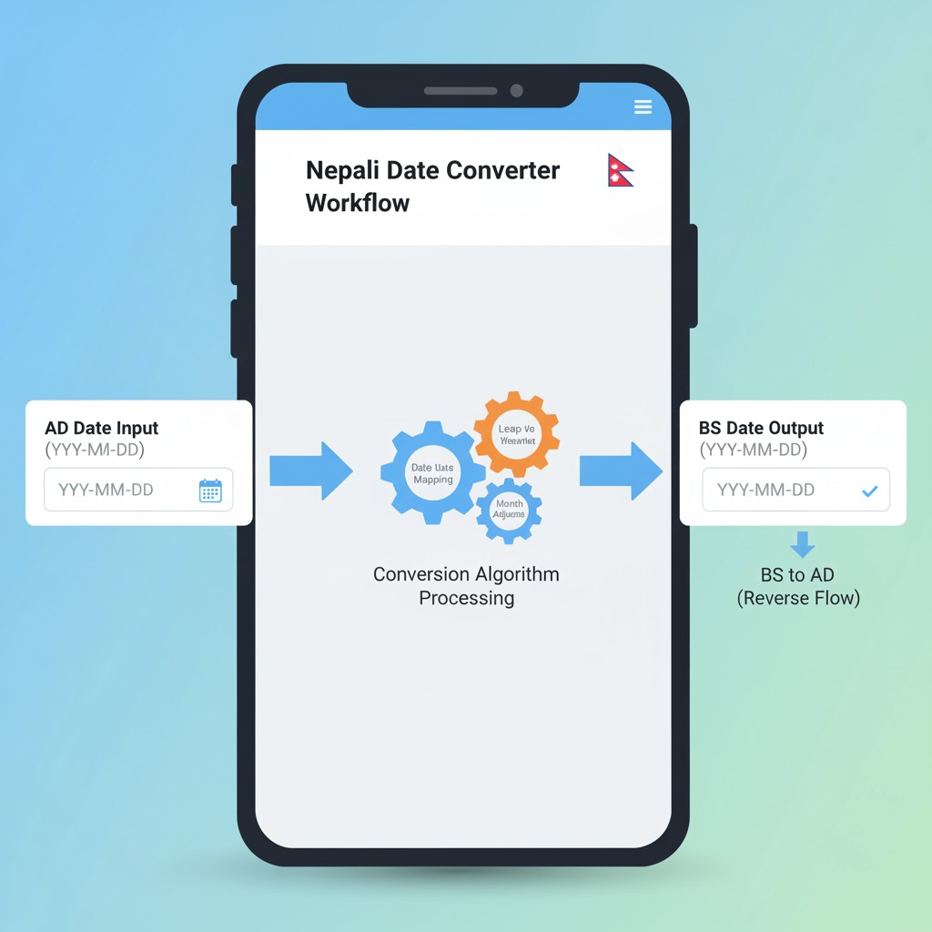 Illustration showing how a Nepali Date Converter works from AD input to BS output with algorithm visualization.