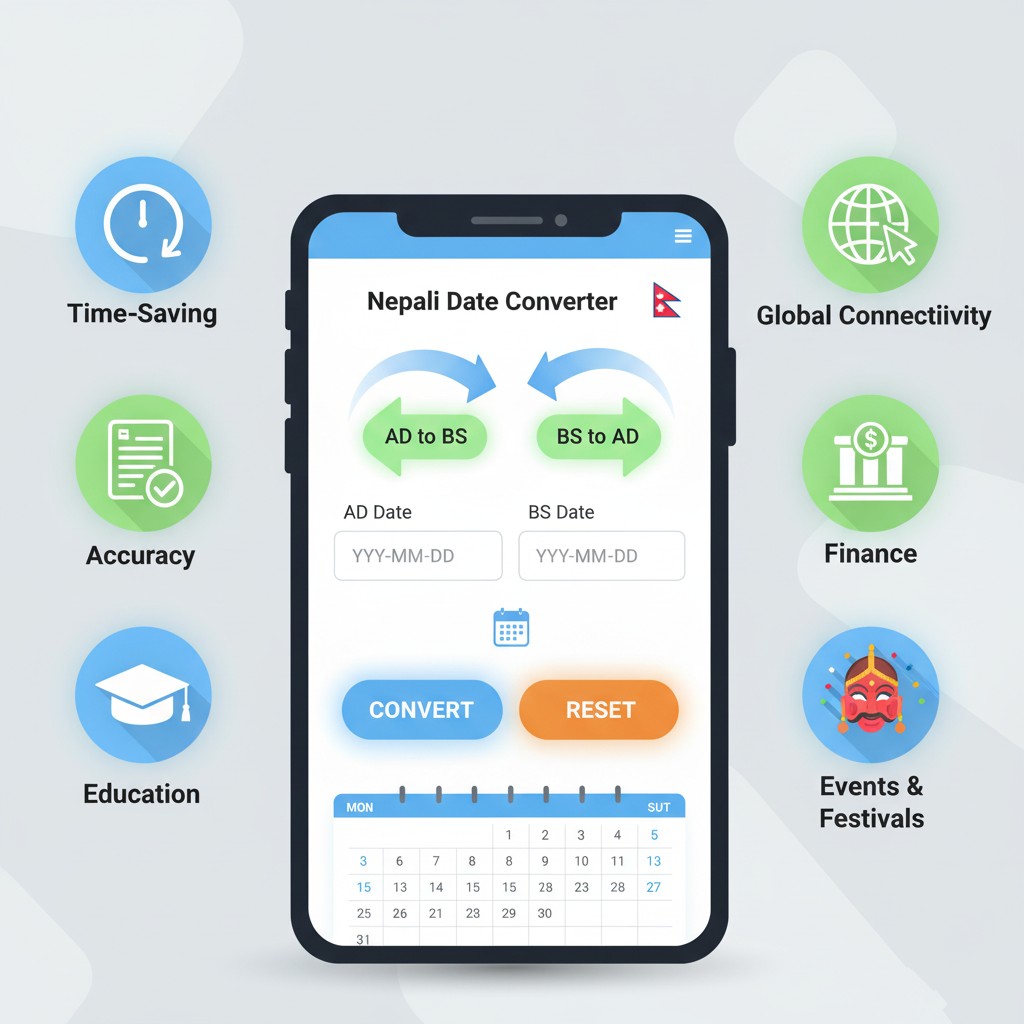 Illustration showing key benefits of using a Nepali Date Converter with icons representing time-saving, accuracy, education, finance, and festivals.