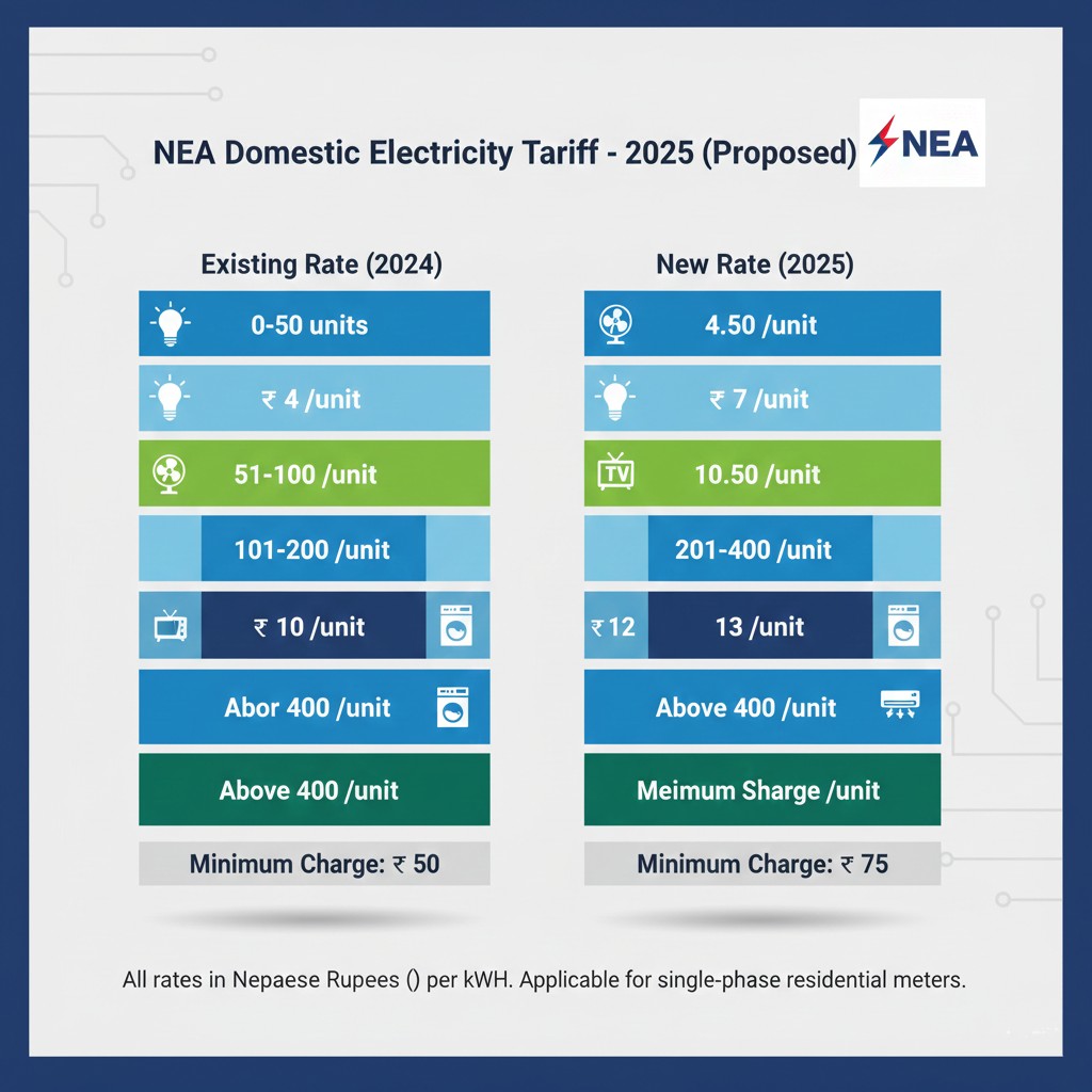 2025 NEA electricity tariff rates illustration for Nepal users