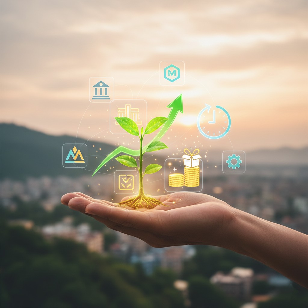 Hand holding glowing icons representing benefits of NEPSE investment: capital growth, dividend income, diversification, and long-term financial freedom.