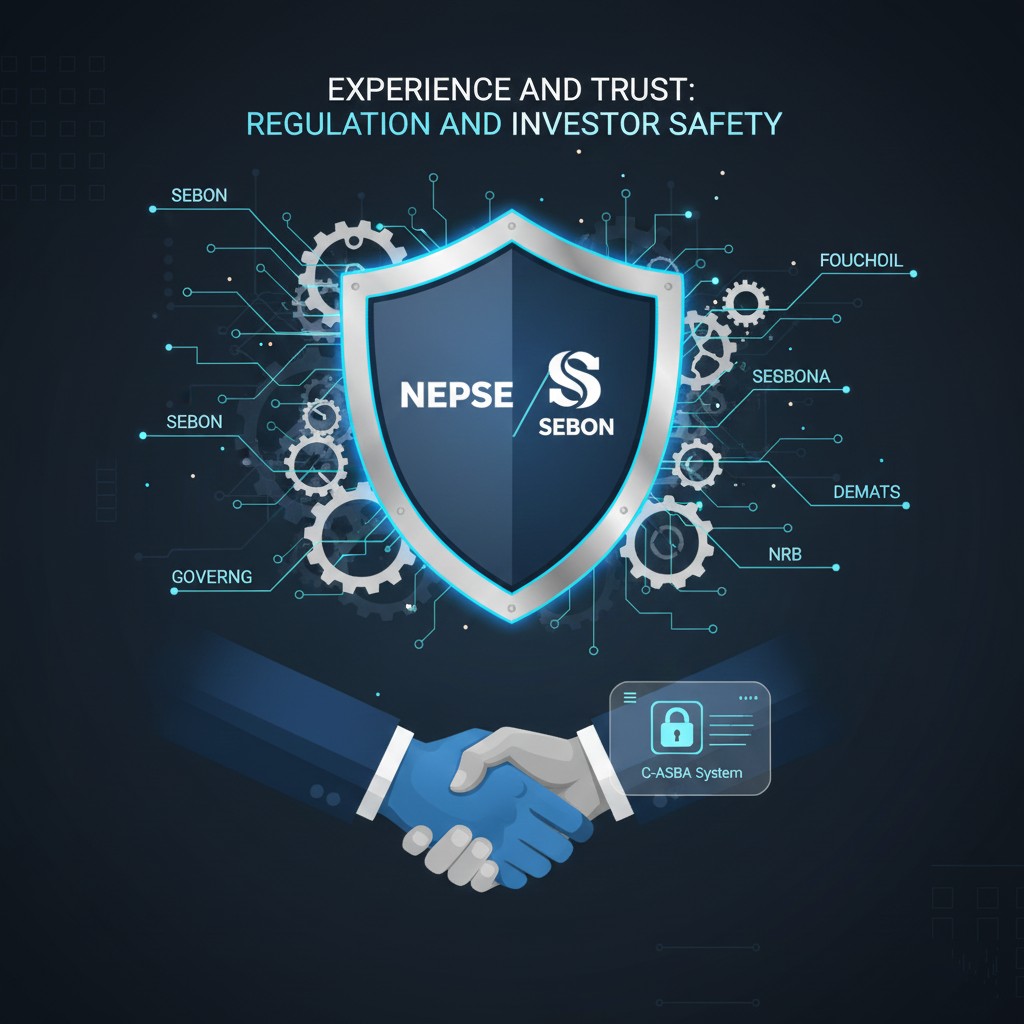 Abstract shield symbolizing investor safety and regulation in NEPSE, with interlocking gears representing SEBON and NRB oversight for trust and security.