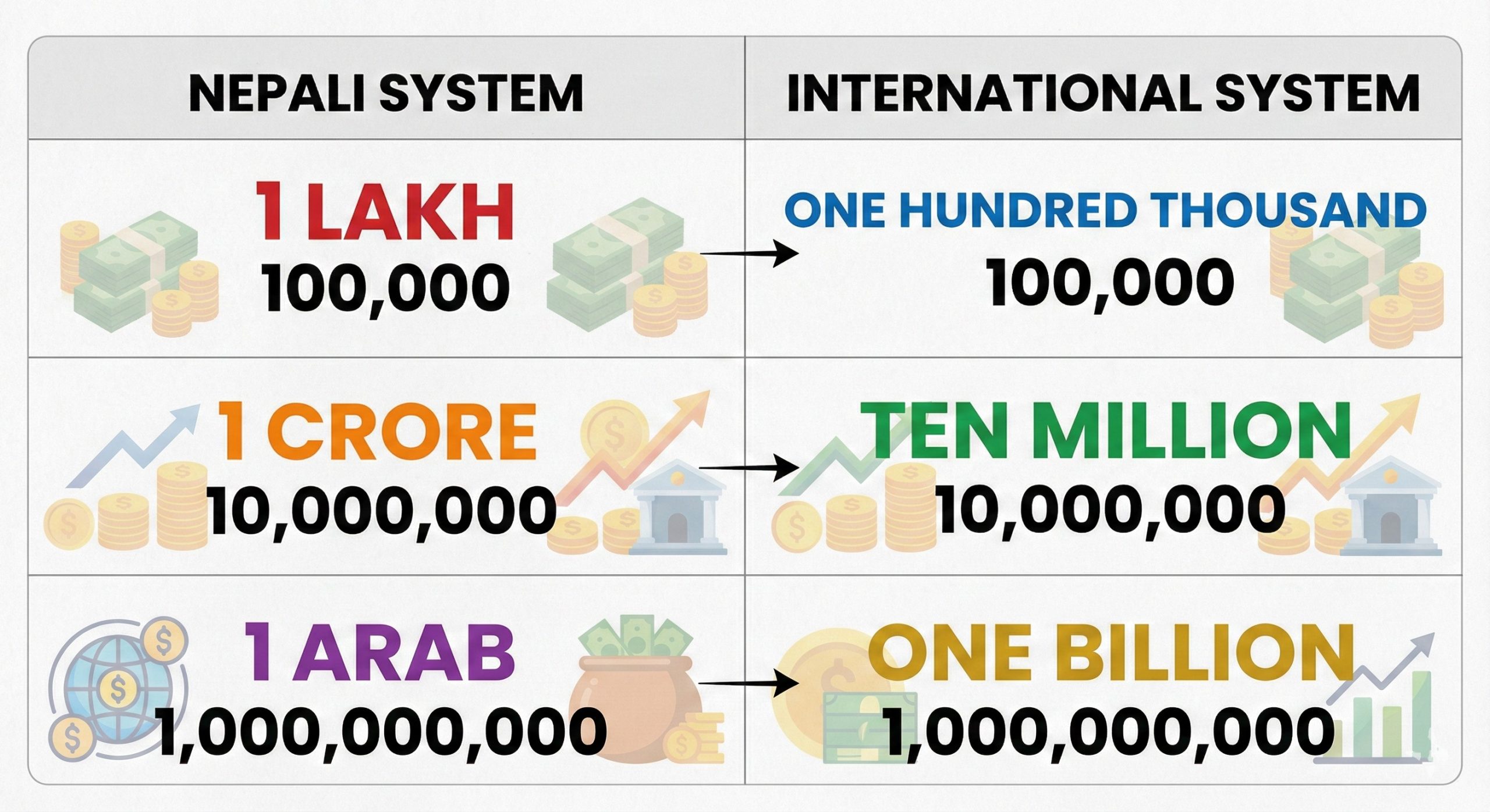Conversion table showing the equivalent values of Nepali Numbers to Words units (Lakh, Crore, Arab) to International units (Hundred Thousand, Million, Billion).