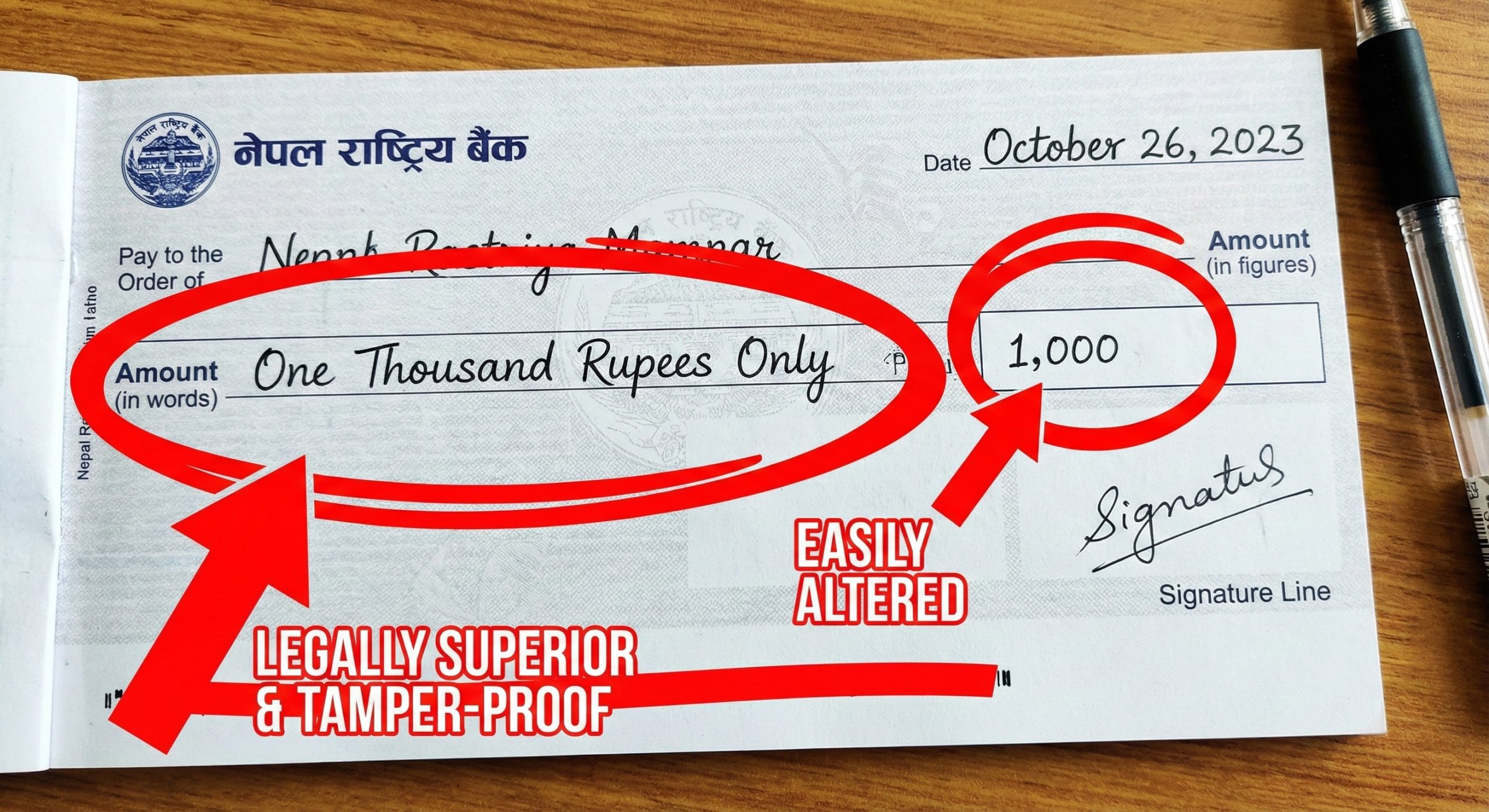 Close-up of a bank check showing the amount in nepali number to words as the primary, tamper-proof legal value compared to the numerical box.
