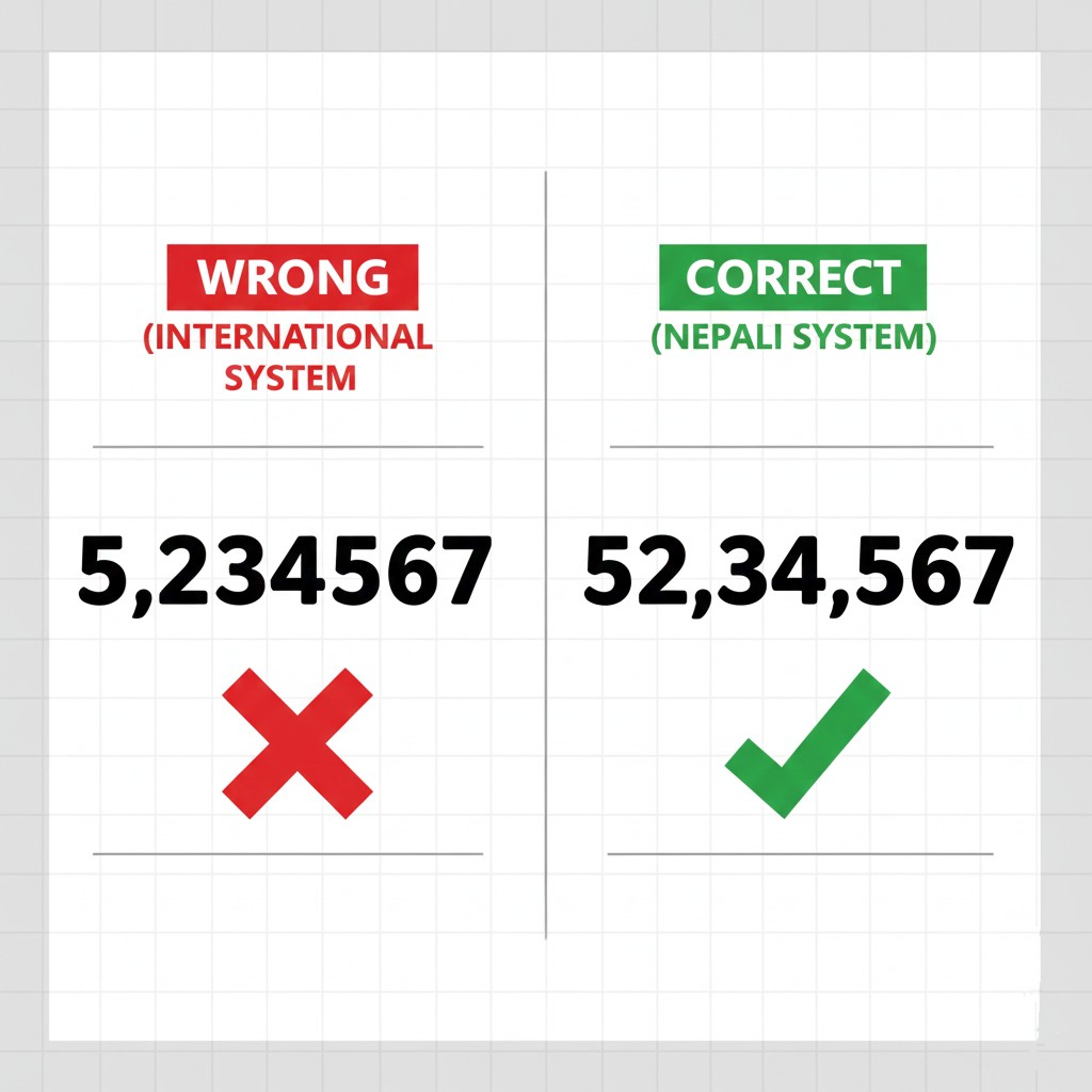Visual comparison demonstrating the wrong International comma placement versus the correct Nepali Numbers to Words/Indian comma placement (first three, then two digits).