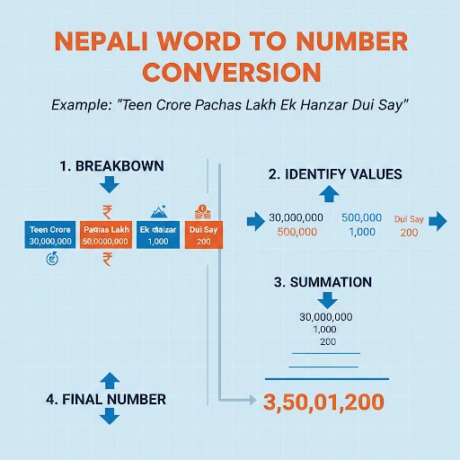 Infographic showing the 4-step process to convert Nepali words to number (like Crore and Lakh) back into numerical figures with correct comma placement.