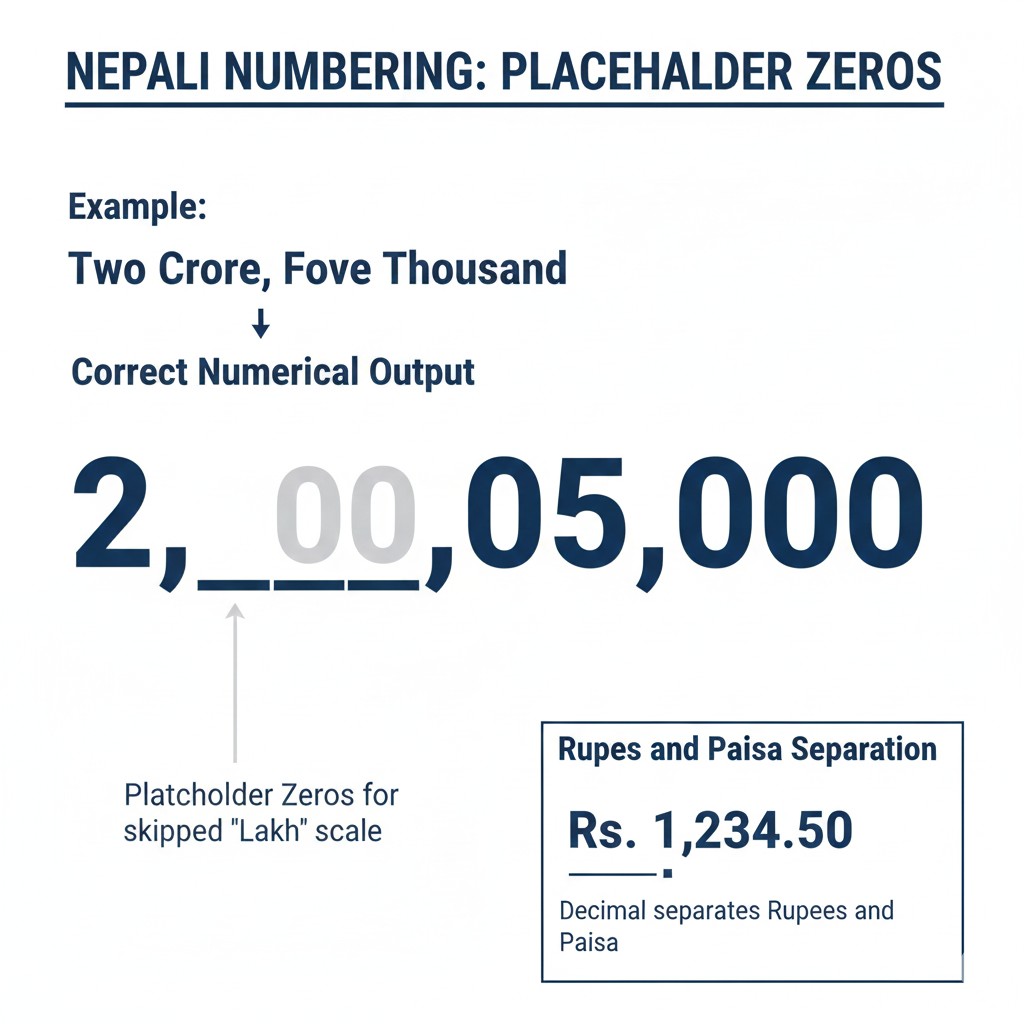 Diagram illustrating the use of placeholder zeros (00) in the Nepali words to number system when scales like Lakh or Hazaar are skipped.