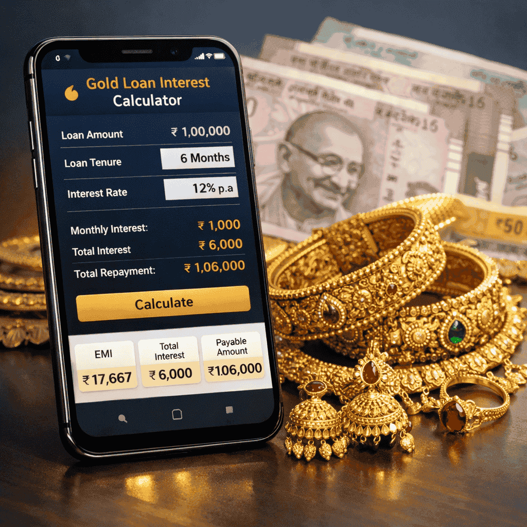 Digital gold loan interest calculator displayed on a smartphone with gold jewellery beside it and Indian currency notes in the background, modern financial illustration