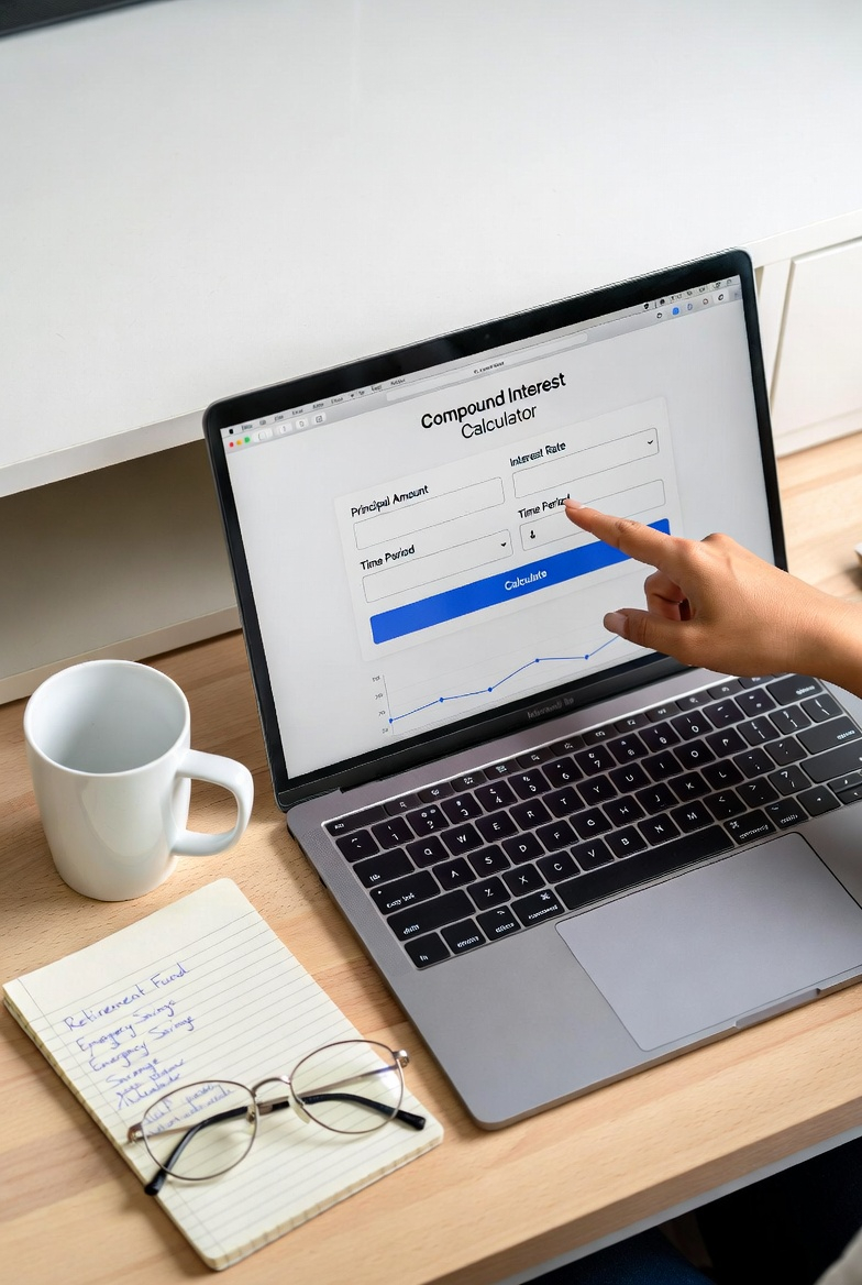 A person using a laptop to calculate compound interest, showing the step-by-step process of entering financial data.