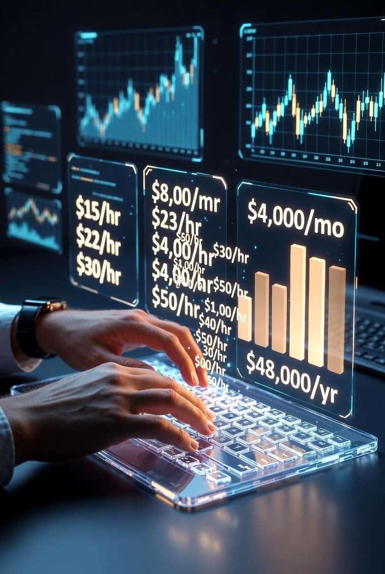 An 8k conceptual image of holographic hourly figures transforming into a clear monthly and annual salary structure above a keyboard, symbolizing financial clarity