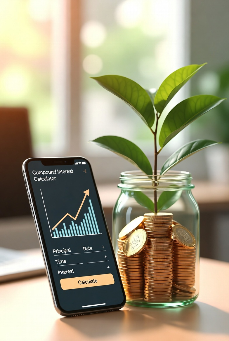 A digital compound interest calculator on a phone screen next to a growing money plant in a jar of coins, symbolizing wealth growth.