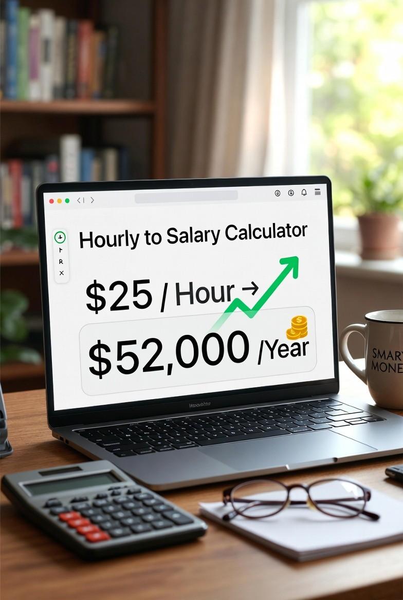 An 8k ultra-realistic photo of a laptop on a wooden desk displaying an Hourly to Salary Calculators, showing how $25/hr converts to $52,000/year, with a calculator and coffee cup next to it.